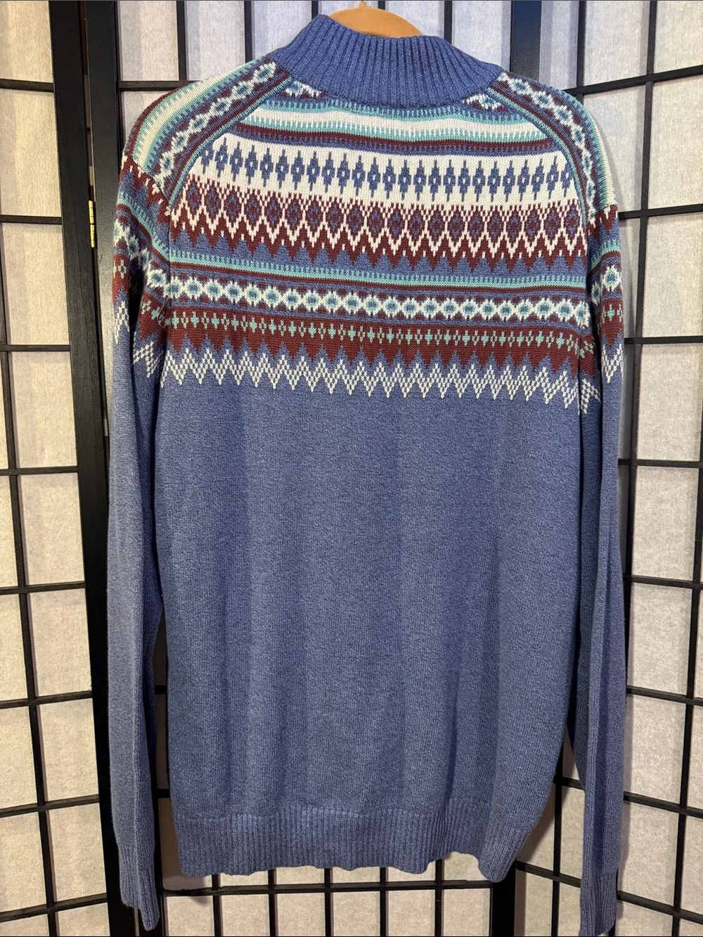 IZOD Men's Blue Fair Isle 1/4 Button Pullover Sweater